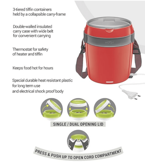 Milton Euroline Futron Tiffin Stainless Steel Tiffin Box Set, 360ml/180mm, Set of 3, Red - Image 4